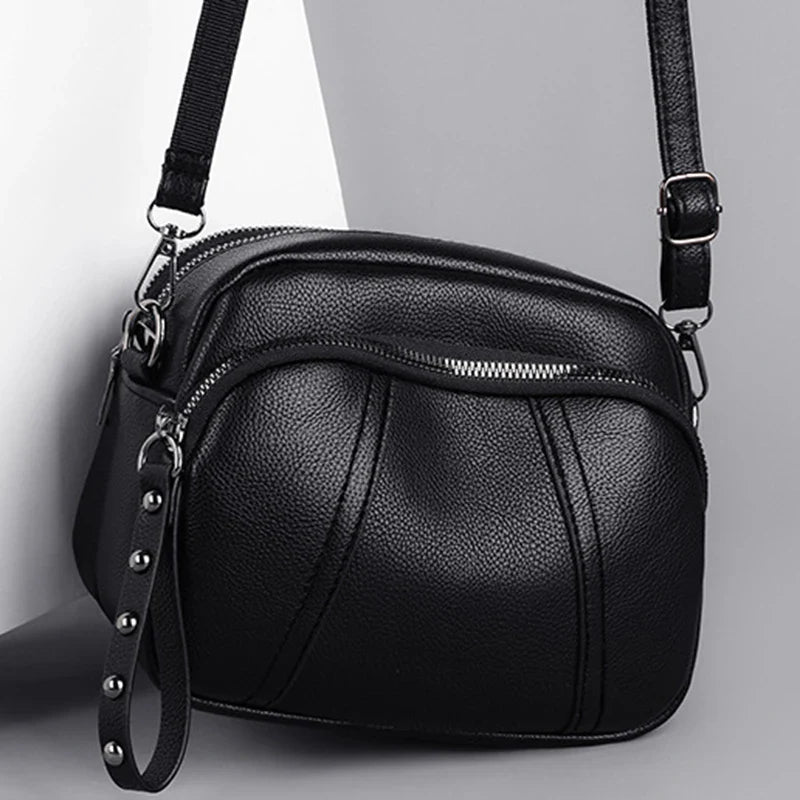 Women's Rivet Zipper Crossbody Bag – Solid Color Soft Leather Mobile Phone Shoulder Purse