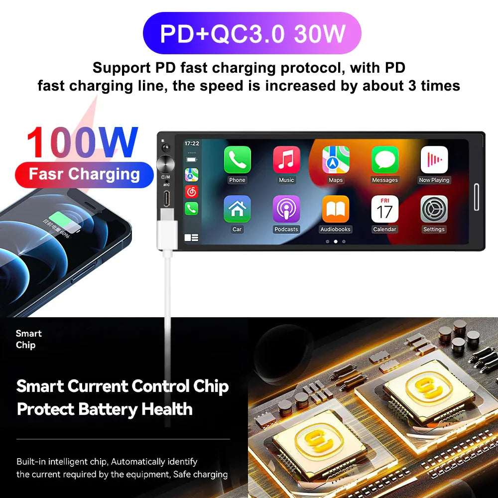 Universal 1DIN 6.9" Wireless CarPlay Android Auto – MP5 Multimedia Car Radio Stereo with TYPE-C Fast Charging