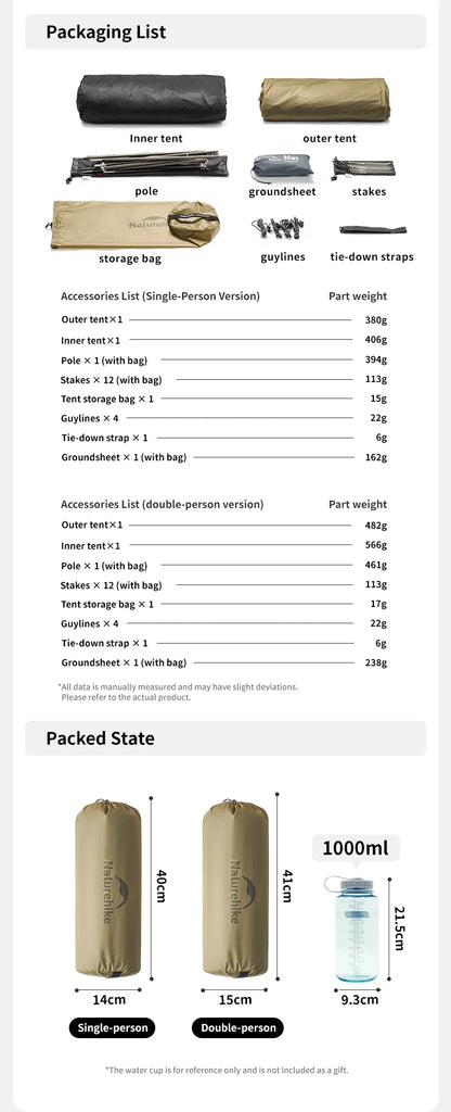 Naturehike Mongar UL Hiking Tent – 1-2 Person Ultralight Waterproof 15D Nylon Backpacking Tent