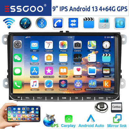 9" Android 15 Car Stereo - 6GB+128GB Wireless CarPlay GPS WiFi Bluetooth FM for VW