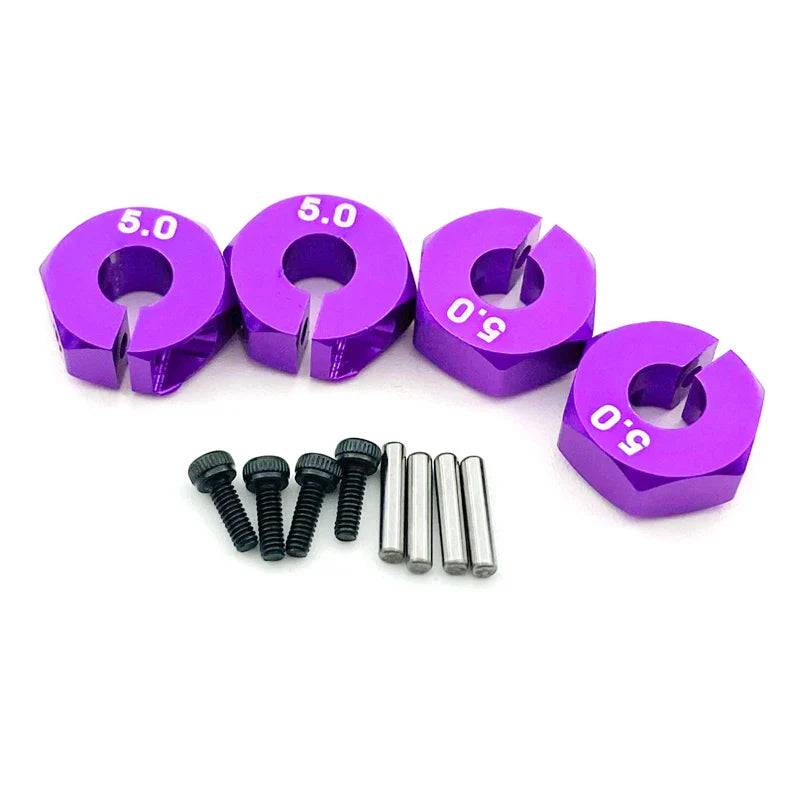 4PCS Aluminum Wheel Hex Hubs — 12mm Drive with Pins & Screws, 5/6/7mm Thickness for RC Cars, Crawlers, HSP, Tamiya, SCX10 & Slash