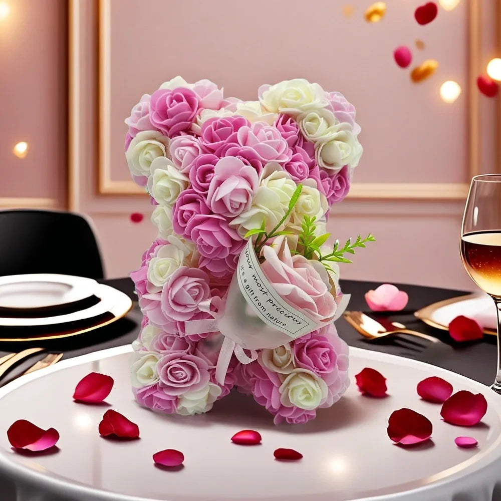 Artificial Rose Bear with Hand Corsage – Romantic Gift for Valentine’s Day, Birthdays, Weddings & Mother’s Day