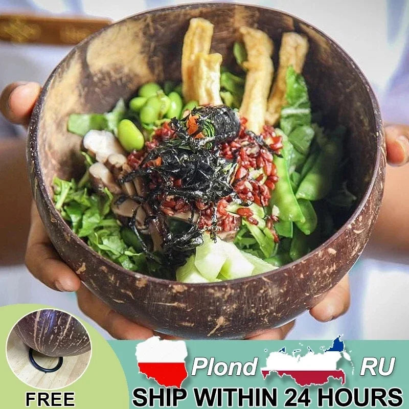 Natural Coconut Bowl with Wooden Spoon – 12–15cm Handmade Tableware for Salad, Dessert, Rice & Ramen