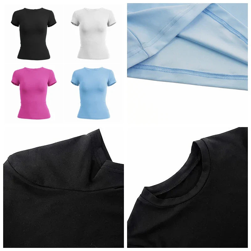Women's Slim Fit Short Sleeve T-Shirt - Knitted O-Neck Top for Streetwear and Sports, Y2K Style 2024