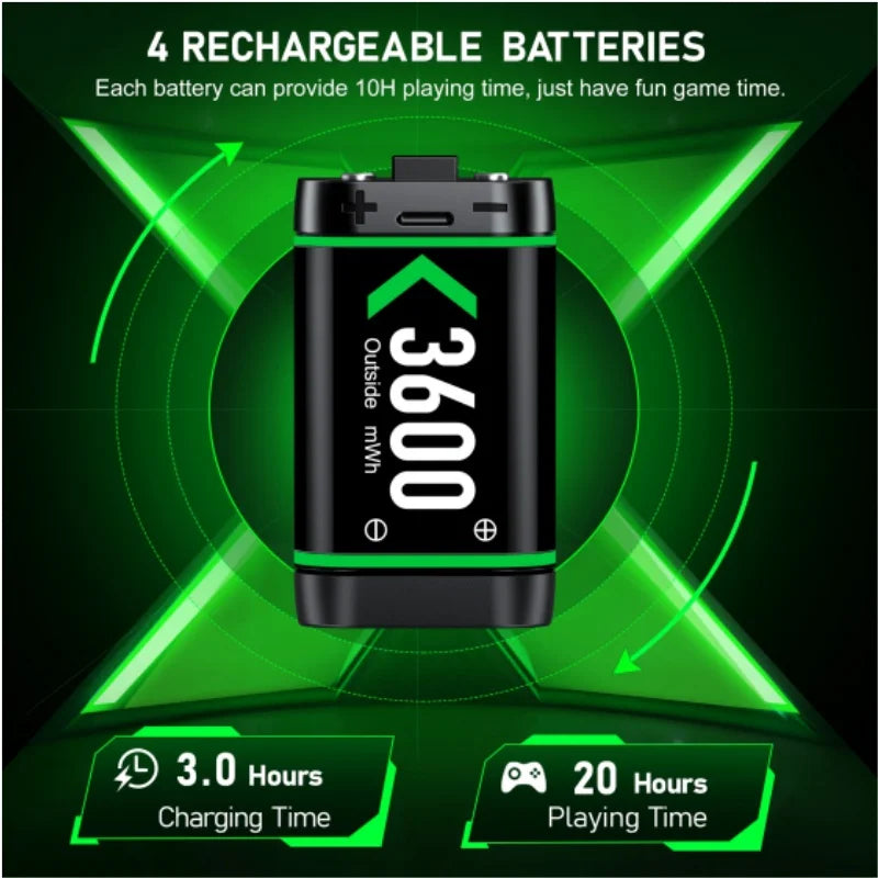 Rechargeable 3600mWh Battery Pack for Xbox One & Xbox Series X/S Controllers – Charging Accessory Set (4 Pack)