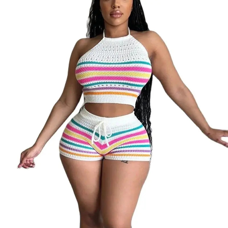 Women’s Rainbow Striped Knit 2-Piece Set – Halter Lace-Up Backless Top & Slim Fit Shorts Casual Outfit