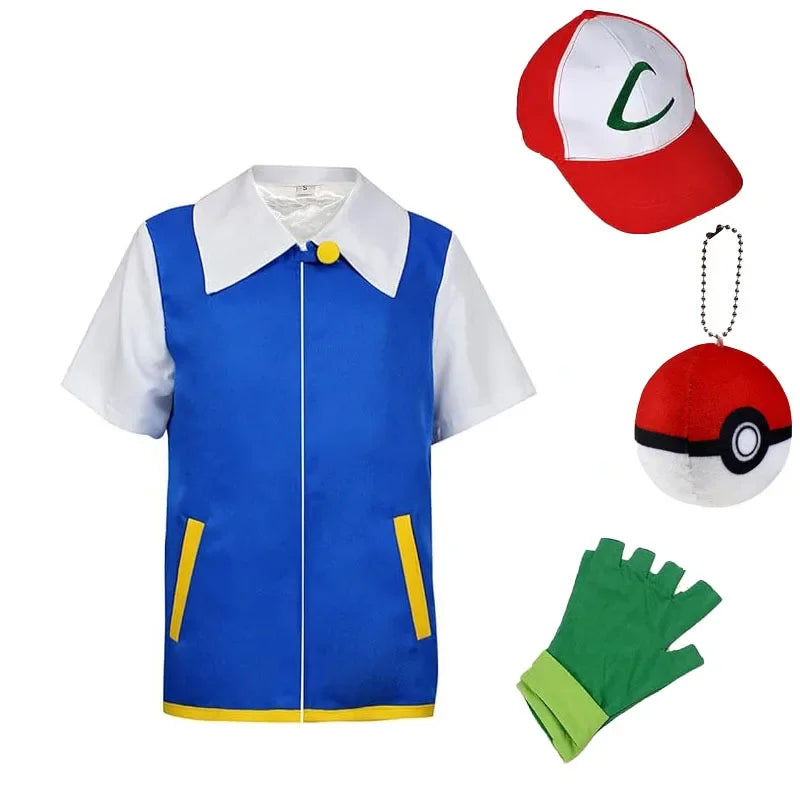 Men’s Anime Trainer Cosplay Costume — Ash Ketchum Outfit for Halloween & Parties with Blue Jacket, Cap & Gloves Set