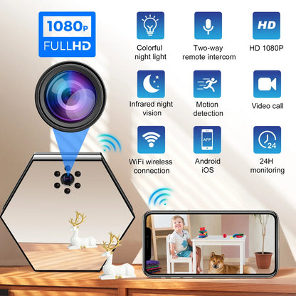 130° PTZ WiFi Alarm Clock Camera – 1080P HD Mini Wireless Security Cam with IR Night Vision & Motion Recording