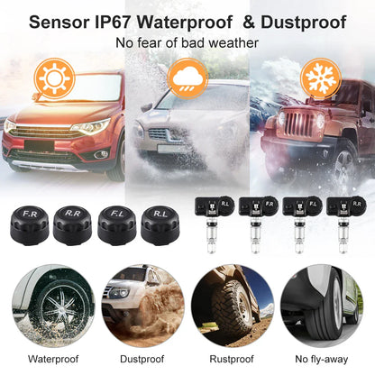 Solar TPMS Tire Pressure Monitoring System – 4-Wheel External Sensors with Temperature Alarm for Car Tyre Safety
