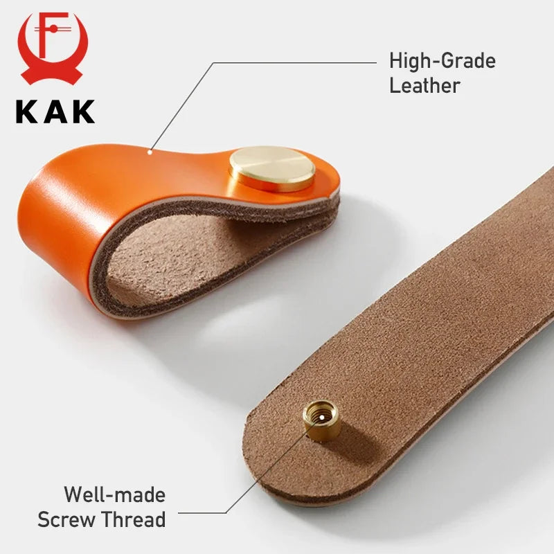 KAK Cowhide Leather Cabinet Handles – Nordic Style Furniture Pulls for Kids Room, Brass & Copper Kitchen Drawer Knobs, Door Hardware