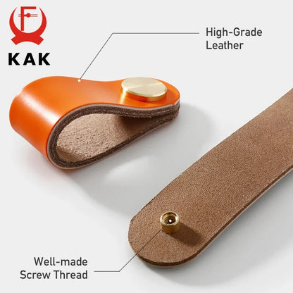 KAK Cowhide Leather Cabinet Handles – Nordic Style Furniture Pulls for Kids Room, Brass & Copper Kitchen Drawer Knobs, Door Hardware