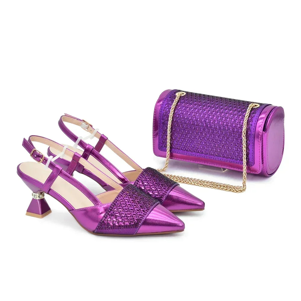 Women's Rhinestone Heeled Shoe & Bag Set - Elegant Nigerian Italian Party Pumps with Matching Bags