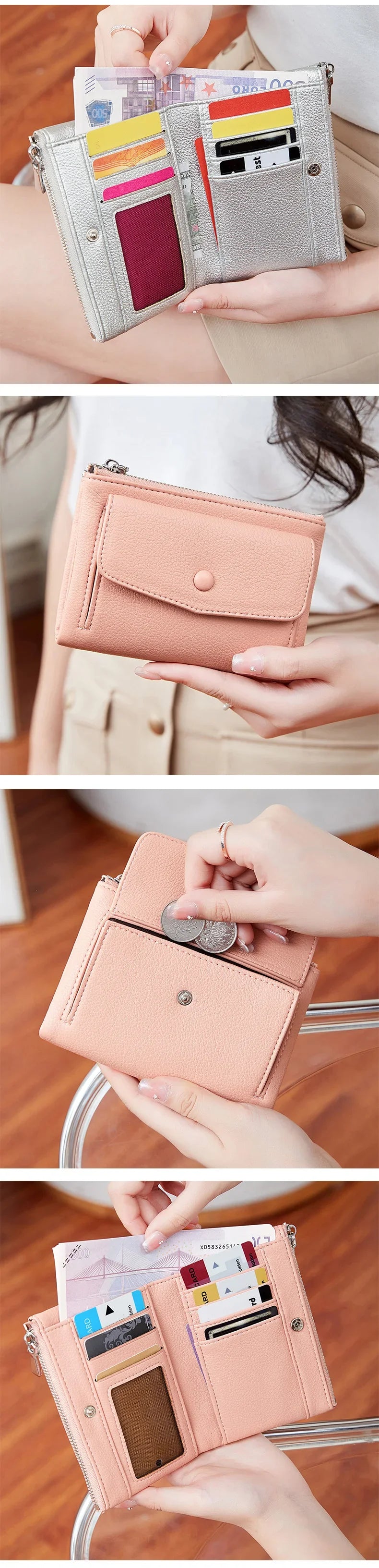Women’s PU Leather Short Double Zipper Wallet – Simple Solid Color, Large Capacity Credit Card Holder with Coin Pocket