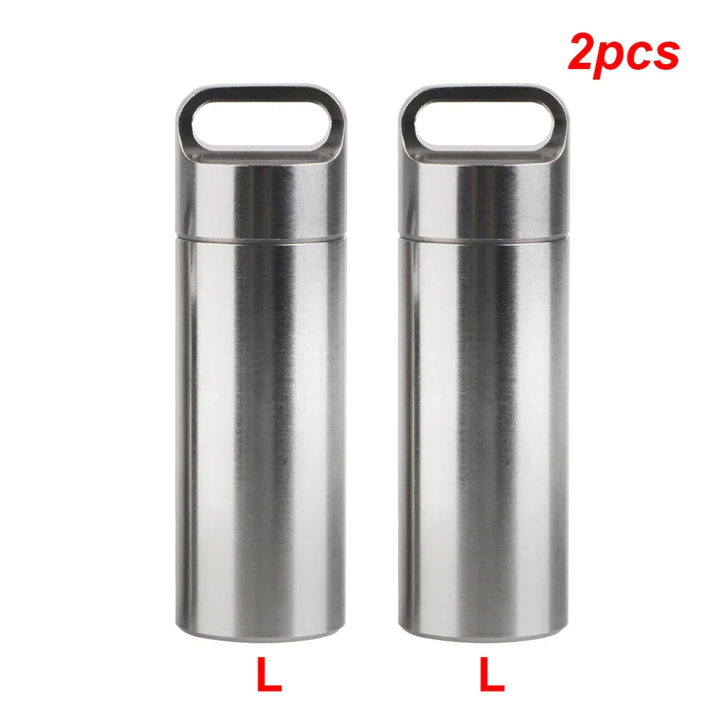 Stainless Steel Mini Pill Storage Box — S/M/L Waterproof Medicine Case with Keychain Seal Rings, Portable First Aid & Camping Pendant