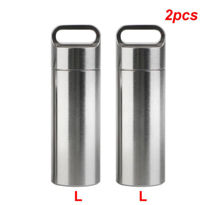 Stainless Steel Mini Pill Storage Box — S/M/L Waterproof Medicine Case with Keychain Seal Rings, Portable First Aid & Camping Pendant