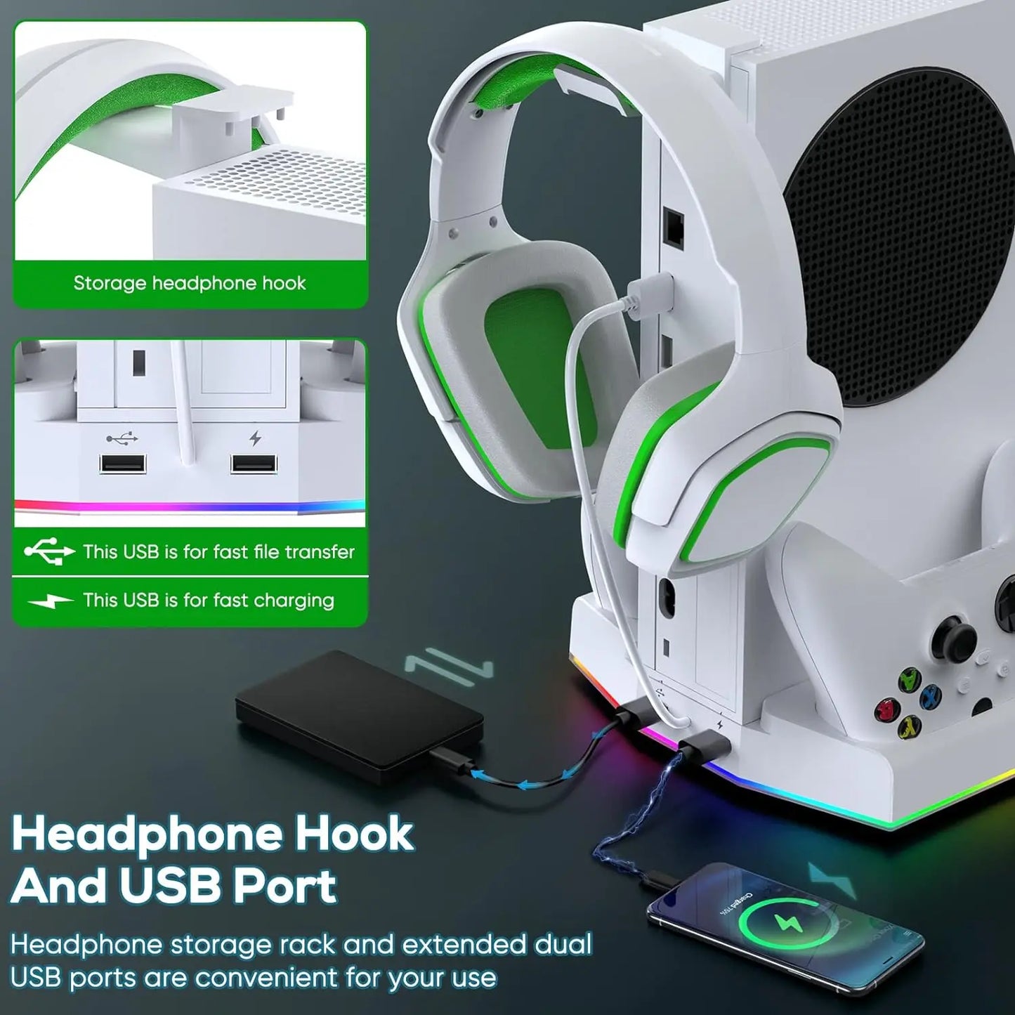 IPEGA Cooling Fan Stand for Xbox Series S – Controller Charging Dock with 15 RGB Lights, Headset Hook, and Charging Station