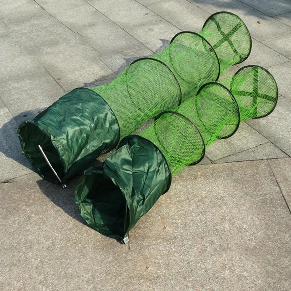 Portable Folding Nylon Mesh Fish Cage – Steel Ring Trap Net Basket for Fishing Storage & Accessories