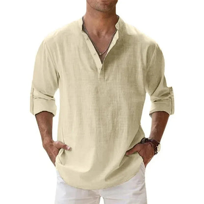 Men’s Lightweight Long Sleeve Henley Shirt — Cotton Linen Streetwear, Beach & Hawaiian Style