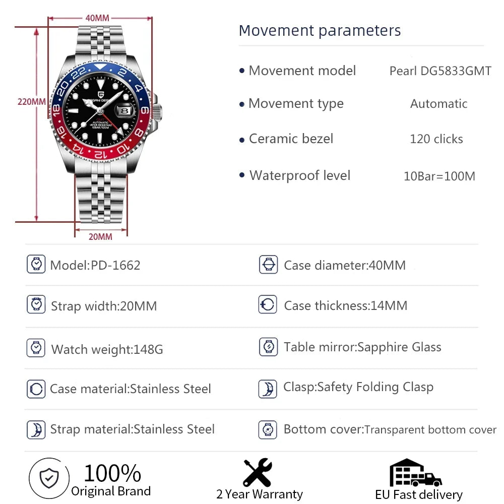 PAGANI DESIGN V3 GMT Men’s Luxury 40mm Automatic Mechanical Watch – Sapphire Crystal Stainless Steel Waterproof