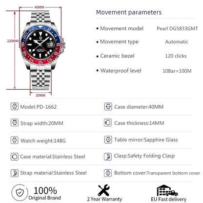 PAGANI DESIGN V3 GMT Men’s Luxury 40mm Automatic Mechanical Watch – Sapphire Crystal Stainless Steel Waterproof