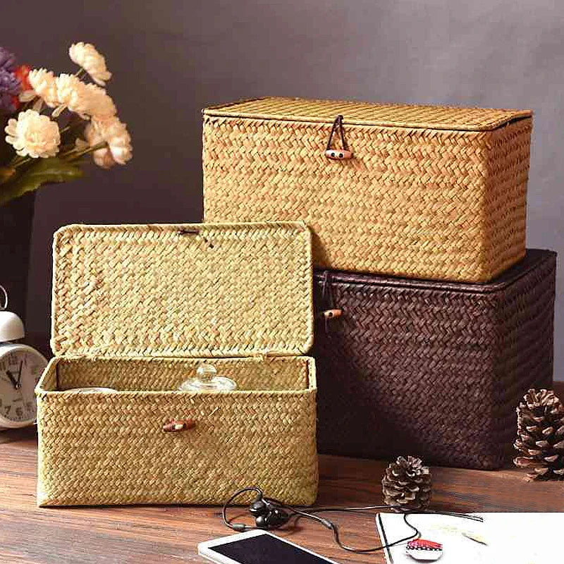 Hand-Woven Seaweed Storage Basket with Lid - Multi-Purpose Sundries Organizer, Cosmetic, Toy, and Clothes Container