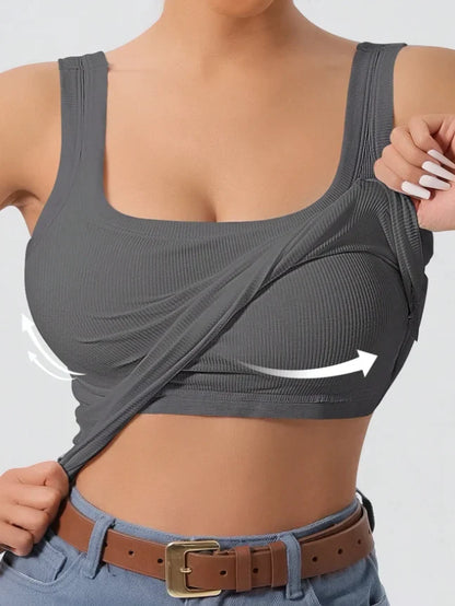 Women's Ribbed One-Piece Tank Top - Built-In Bra Square Neck Slim Fit Summer Bodysuit
