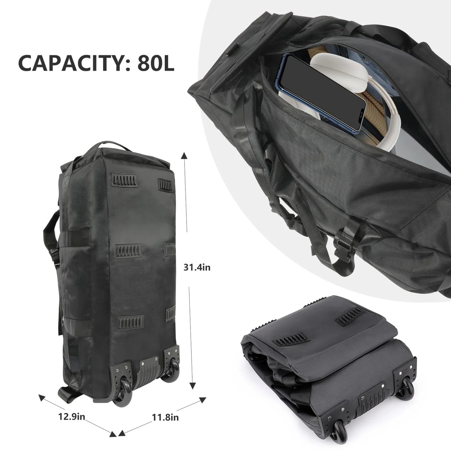 80L Rolling Duffle Bag with Wheels – 31" Heavy-Duty Foldable Travel Duffel, Water-Resistant Luggage with Shoulder Strap