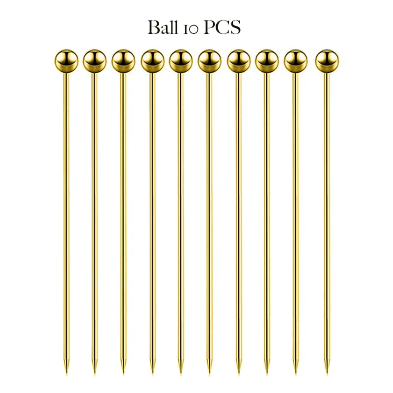 10PCS Stainless Steel Cocktail Picks - Fruit Sticks & Drink Stirring Sticks in Circle, Ball, and Hat Shapes