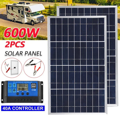 300W/600W Solar Panel Kit - Complete 12V Polycrystalline USB Power, Portable Outdoor Rechargeable Solar Cell Generator