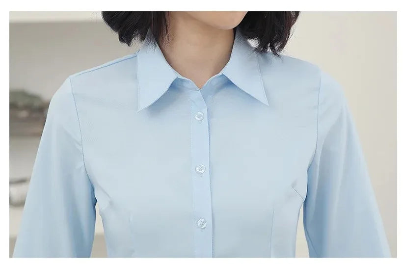 Women’s Solid Button Blouse — Long Sleeve Office Shirt, Elegant Work Top