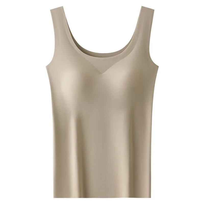 Women's Ice Silk Seamless Tank Top with Chest Pads - Wide Shoulder Sleeveless Innerwear