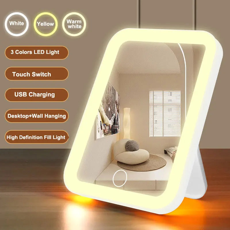 3-Color LED Vanity Mirror – Touch Screen, USB Rechargeable, Dimmable Makeup Mirror with Adjustable Brightness, Portable