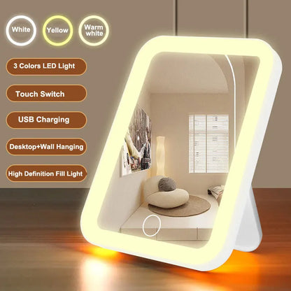 3-Color LED Vanity Mirror – Touch Screen, USB Rechargeable, Dimmable Makeup Mirror with Adjustable Brightness, Portable