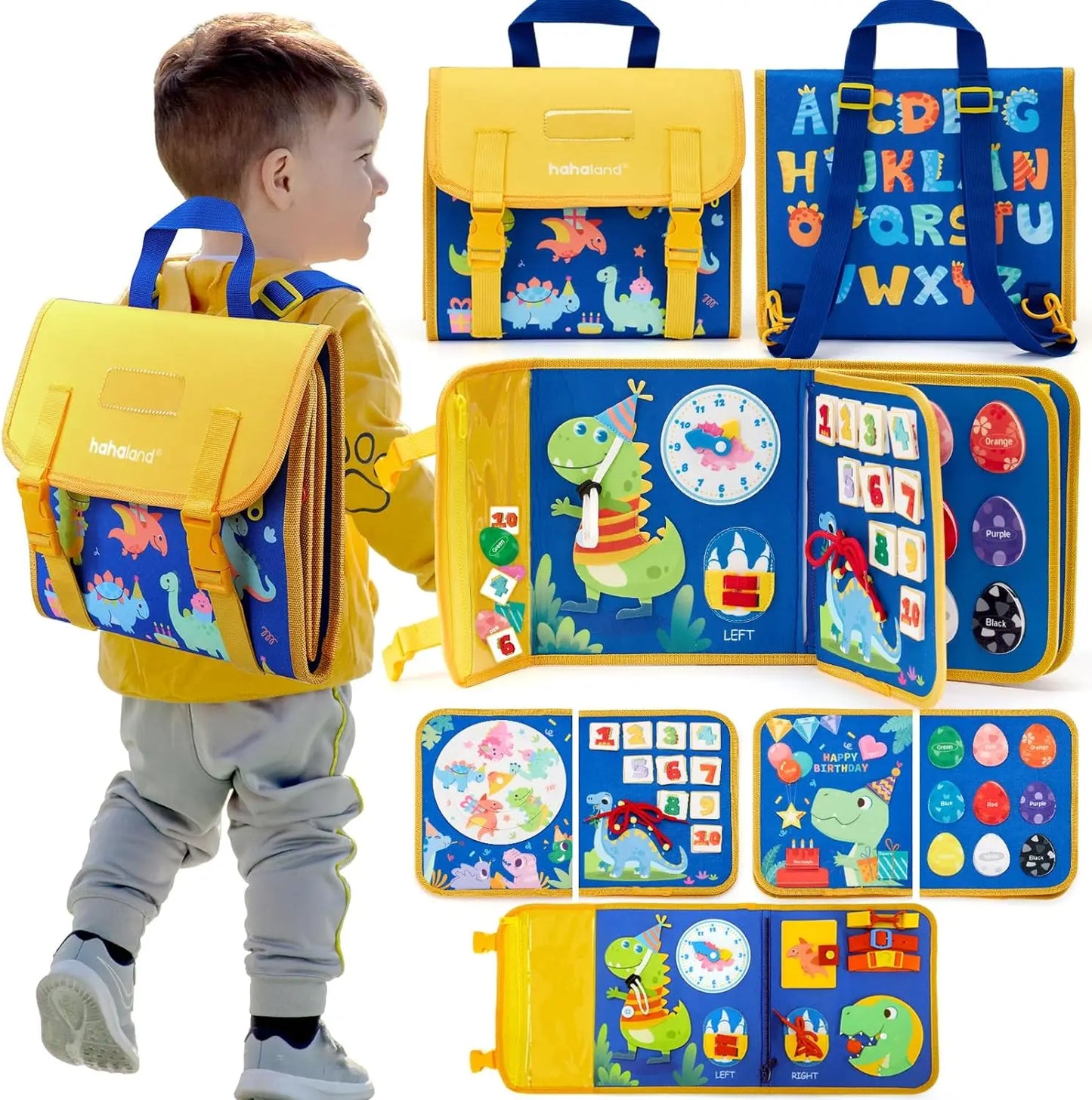 Toddler Montessori Busy Board – Dinosaur Dress-Up, Learning & Sensory Activities, Travel Toy & Life Skills Backpack