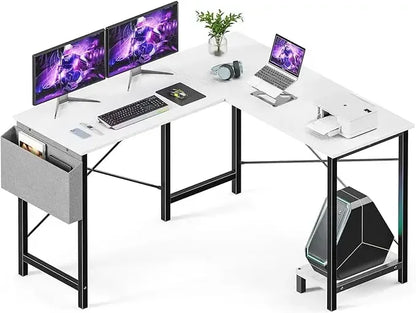 L-Shaped Computer Desk – Wooden Corner Gaming Table with Side Storage Bag for Home Office, Small Spaces, White