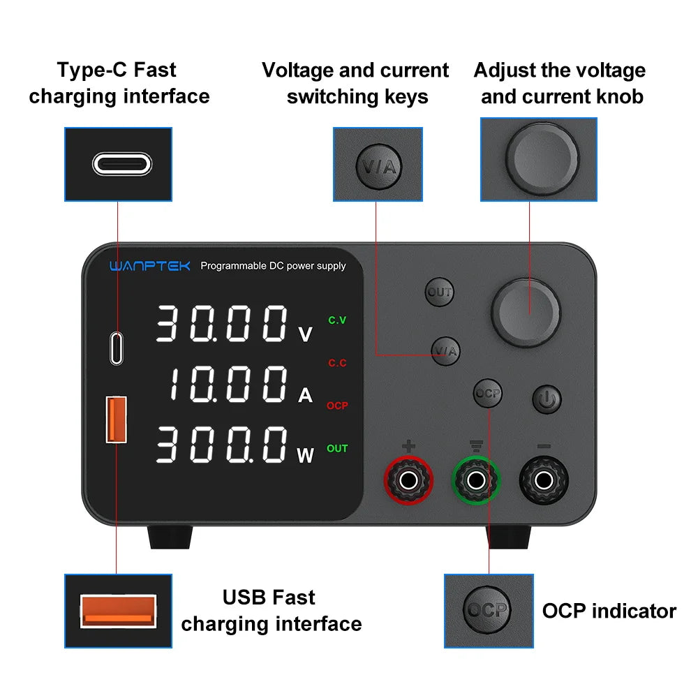 Lab Bench Switching Power Supply – Adjustable 30V 10A, 60V 5A, 120V Digital Voltage Stabilizer for Laboratory