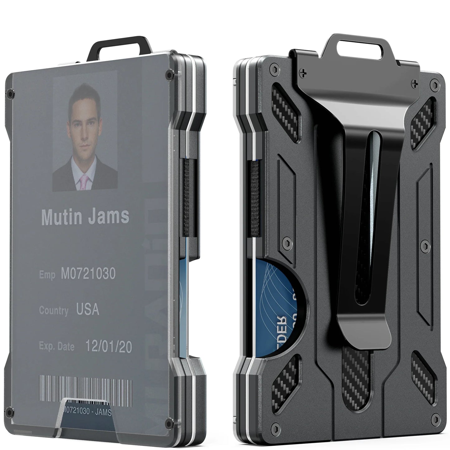Slim Aluminum Minimalist Wallet for Men — RFID Blocking Money Clip with Clear ID Holder, Holds 15 Cards