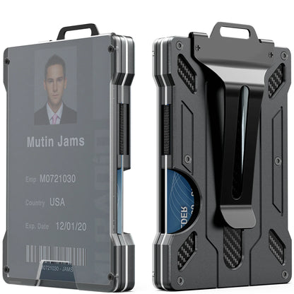 Slim Aluminum Minimalist Wallet for Men — RFID Blocking Money Clip with Clear ID Holder, Holds 15 Cards