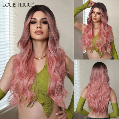 Long Wavy Brown Synthetic Wig for Women – Middle Part, Natural Look, Heat-Resistant Fiber for Daily Wear & Cosplay