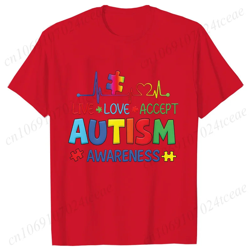 Women’s Live Love Accept Autism Awareness T-Shirt – Graphic Y2K Summer Top for Autism Awareness Month