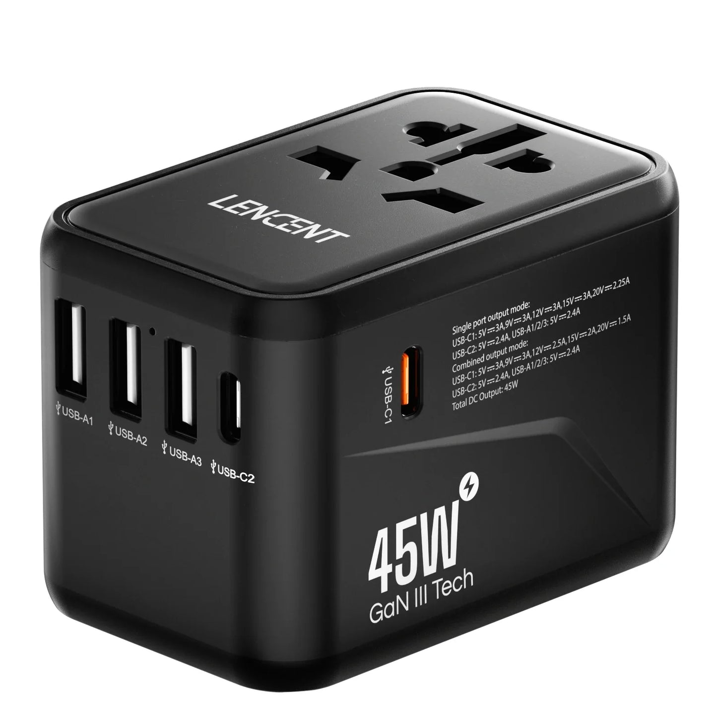 LENCENT International Travel Adapter - All-in-One Wall Charger with 3 USB Ports and 1 Type-C, for US, EU, UK, AUS Travel