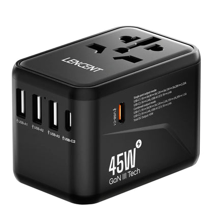 LENCENT International Travel Adapter - All-in-One Wall Charger with 3 USB Ports and 1 Type-C, for US, EU, UK, AUS Travel