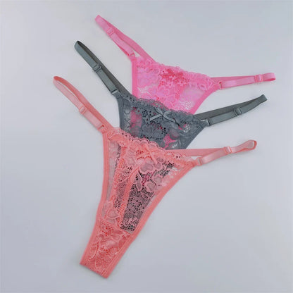 Women's Lace Thong Set - 3-Piece Low Waist Breathable Sheer G-String Lingerie