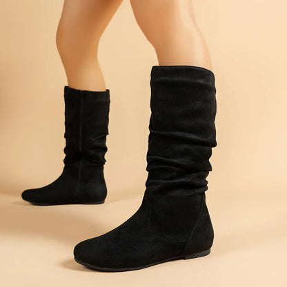 Women’s High-Top Casual Boots – Folded Zipper, Flat Bottom, Alligator Patterned Comfortable Footwear