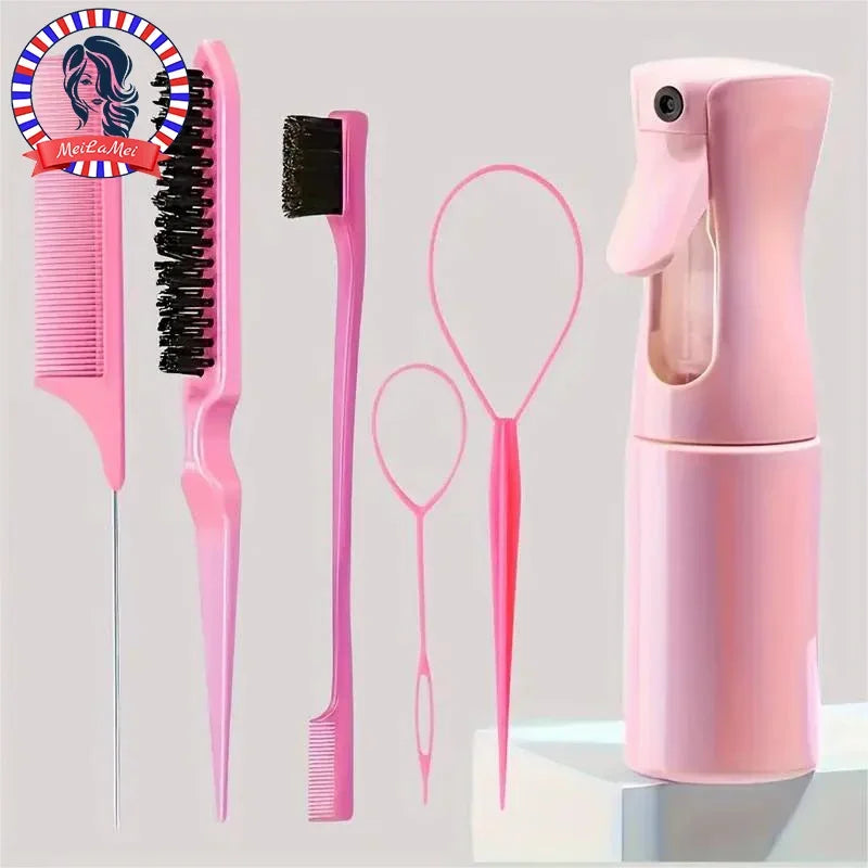 6-Piece Hair Brush Set – Hairdressing Spray Bottle, Braiding Loop, Rat Tail Comb, Teasing & Edge Control Brushes