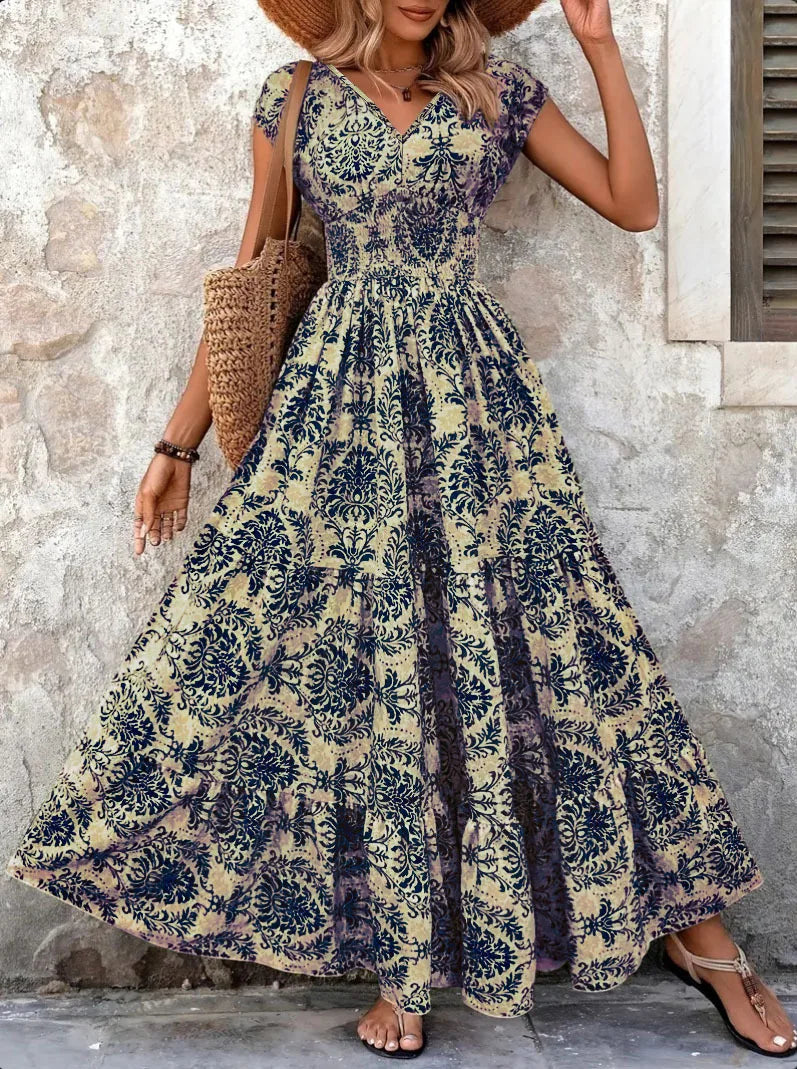 2025 Vintage Printed V-Neck Dress – Elegant Short-Sleeve Jumpsuit with Long Skirt for Women