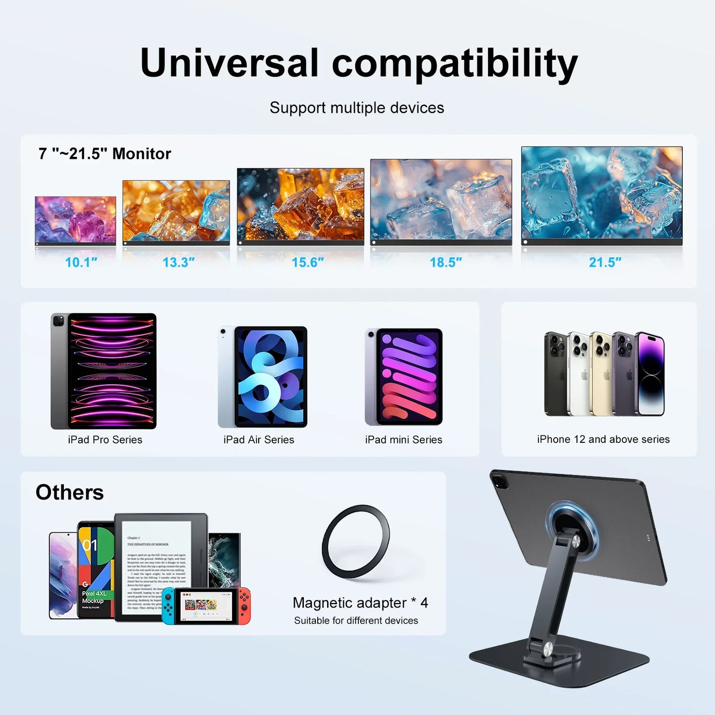 Black Magnetic 360° Rotatable Metal Stand – Stable Holder for 7–21.5" Monitors, iPad & iPhone, Supports up to 3KG