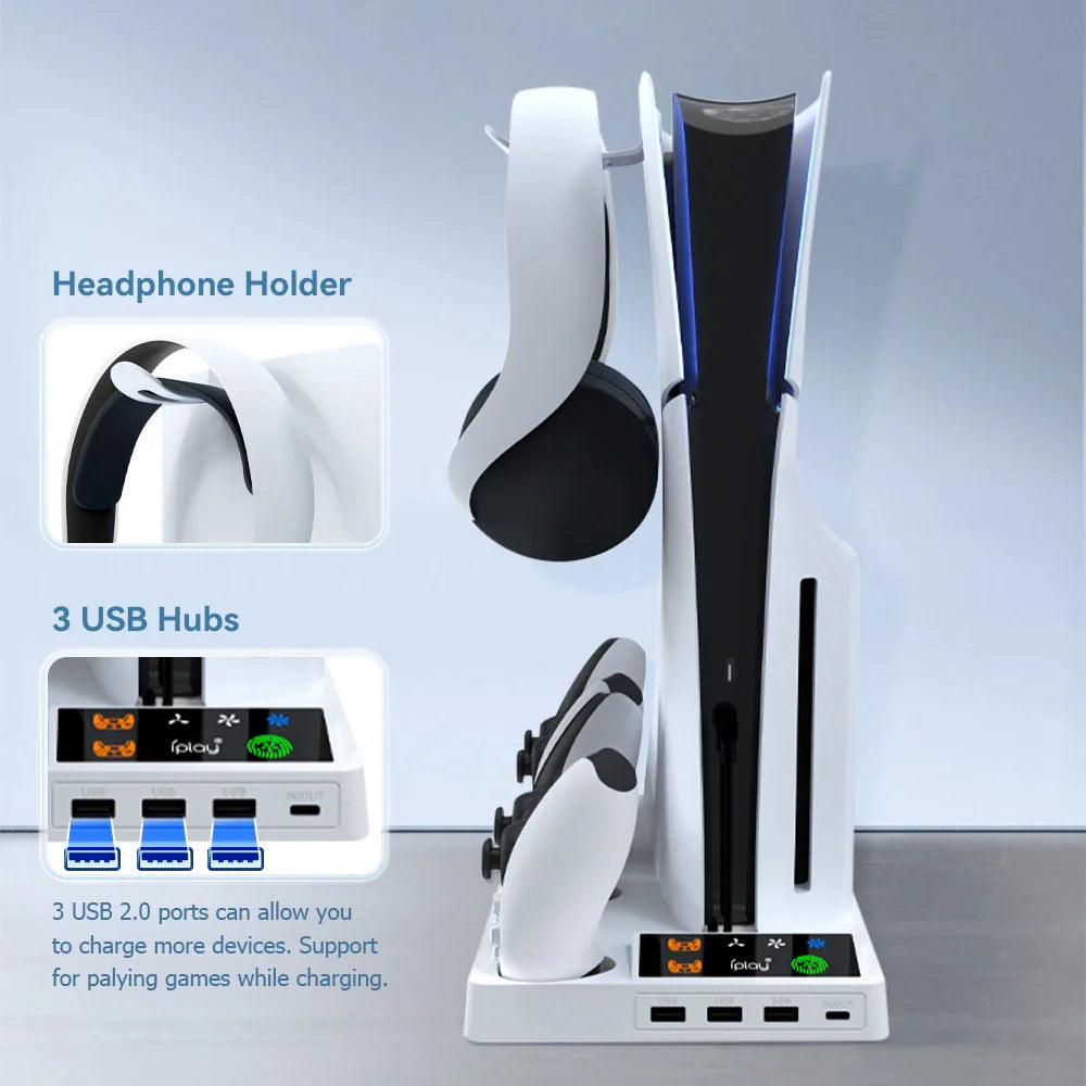 PS5 Pro & Slim Cooling Station — Multifunctional Controller Charging Stand with Headphone Holder
