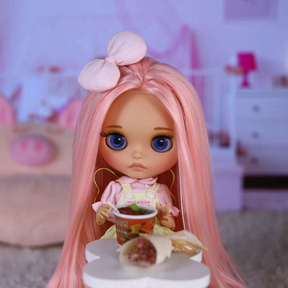 ICY DBS Blyth Doll – 1/6 BJD Joint Body, 30cm Brown Skin Matte Face with Bow, Cute Anime Girl Gift
