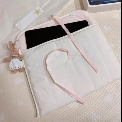 2 Piece Ballet Style Tablet Protective Case | Solid Color Laptop and Tablet Storage Bag for 11-13 Inch | Pink Bow Quilted Tablet Bag